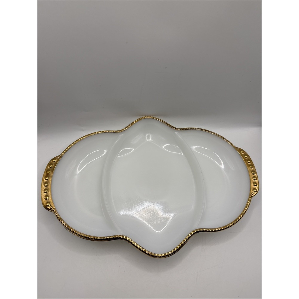 Vintage Fire King White Milk Glass Gold Trim Divided Dish Anchor Hocking USA